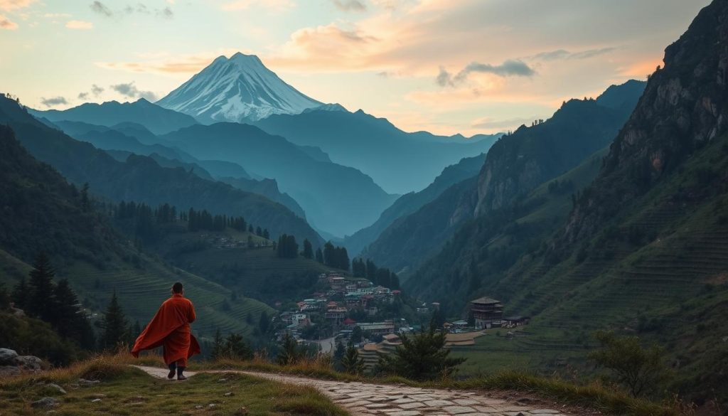 A serene and ancient landscape unfolds, where sacred pilgrimage routes wind through lush valleys and rugged mountains. In the foreground, a solitary figure walks the path, their robes billowing in the gentle breeze. The middle ground reveals a small village nestled among terraced fields, its humble dwellings and temples serving as important waypoints along the pilgrim's journey. In the distance, a towering peak rises majestically, its snow-capped summit bathed in the warm glow of the setting sun. The scene conveys a sense of timeless cultural tradition, where the sacred geography has profoundly shaped the lives and beliefs of the people who have traversed these hallowed paths for generations.