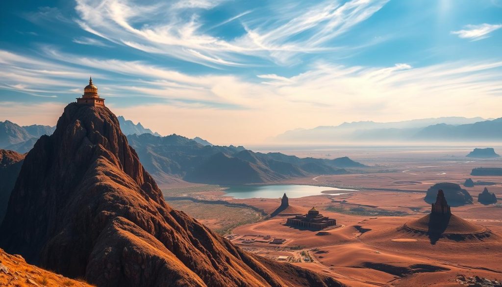 A serene landscape of sacred geographic regions from various religious traditions. In the foreground, a majestic mountain peak with a towering temple on its summit, bathed in warm, golden light. In the middle ground, a tranquil lake surrounded by rolling hills, dotted with ancient ruins and shrines. In the distance, a sprawling desert landscape, punctuated by craggy rock formations and oases. The sky above, a deep, azure blue, with wispy clouds casting soft shadows upon the earth below. A sense of timeless reverence and contemplation permeates the scene, inviting the viewer to ponder the profound connections between geography and theology.