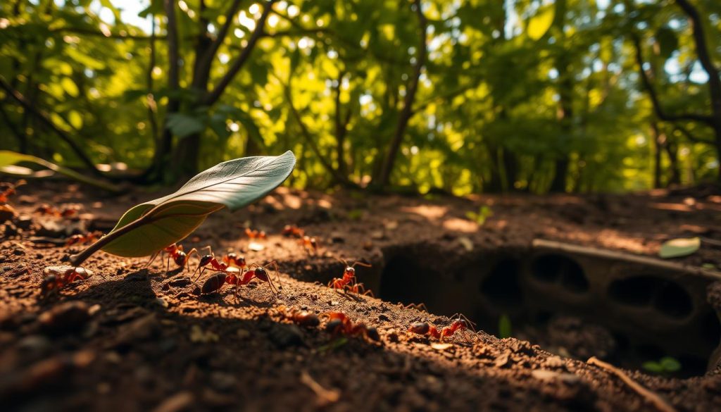 A colony of industrious ants marching determinedly across a sun-dappled forest floor, their tiny bodies moving with unwavering purpose. In the foreground, an ant carrying a large leaf, symbolizing the persistence and leadership displayed by these remarkable creatures. The middle ground reveals a bustling network of tunnels and intricate underground structures, hinting at the organized hierarchy and collaborative spirit of the ant community. Overhead, a canopy of lush, verdant foliage filters the warm, golden light, casting a serene, contemplative mood over the scene. The overall composition conveys the resilience, teamwork, and remarkable capabilities of these tiny leaders of the natural world.