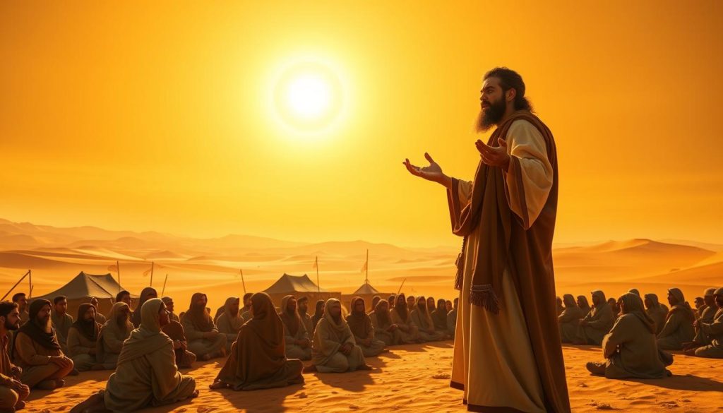 A desert landscape under a golden, sun-drenched sky. In the foreground, the towering figure of Prophet Hud, his face alight with fervent conviction, gestures emphatically as he preaches to a crowd of tribespeople. The people of 'Ad, their expressions ranging from rapt attention to skepticism, are gathered around him, some kneeling, others standing in a loose semi-circle. The middle ground is filled with their tents and camels, while the distant horizon is dotted with rolling dunes. The scene conveys a sense of tension and urgency, as Hud delivers his warning to the unbelieving people.