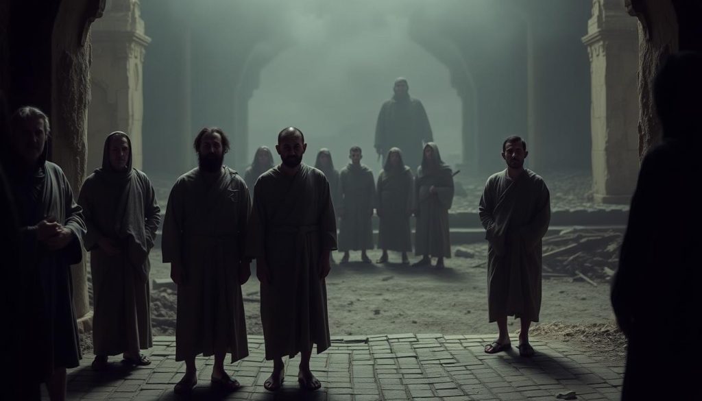 A group of humble, obscure figures stand in a dimly lit, somber setting, their faces cast in shadows and their identities obscured. In the foreground, a trio of men in simple robes and sandals, their expressions conveying a sense of deep contemplation and spiritual devotion. In the middle ground, a few more disciples gather, their postures suggesting a quiet reverence. The background is hazy, with hints of a crumbling structure or a barren landscape, underscoring the sense of isolation and marginalization of these lesser-known followers of Jesus. The lighting is soft and muted, creating an atmosphere of introspection and mystery, inviting the viewer to ponder the stories and significance of these nameless, yet integral, members of the early Christian community.