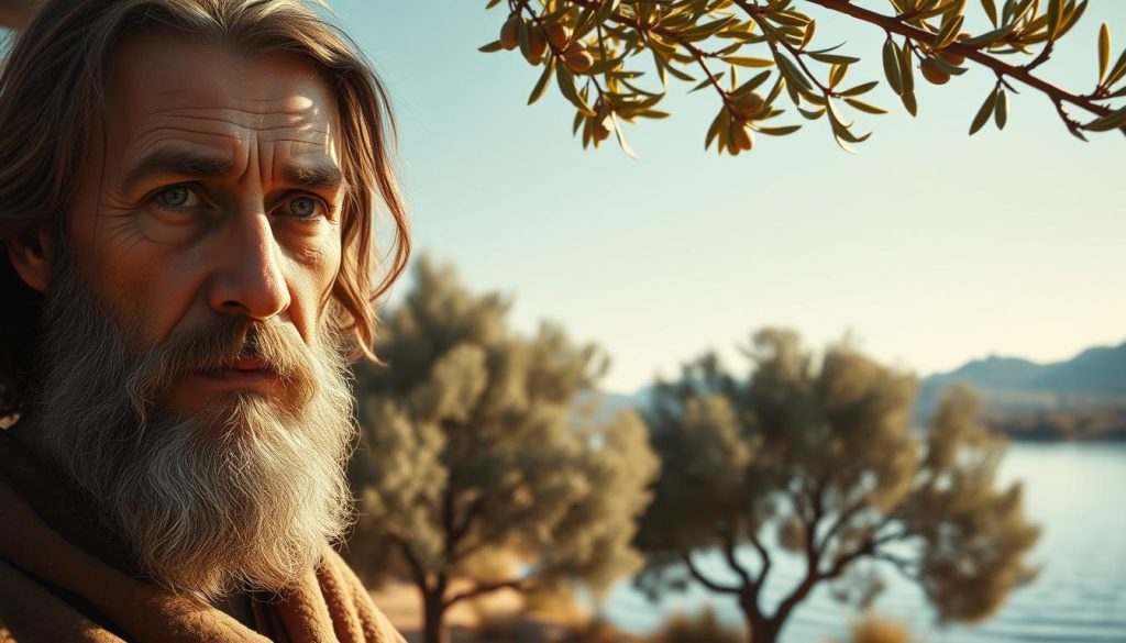 A pious man with penetrating gaze, John the Apostle, stands in a serene biblical landscape. Soft, warm lighting illuminates his weathered face, conveying a sense of deep contemplation. In the middle ground, lush olive trees sway gently, their branches casting mottled shadows. The background features a tranquil lake, its glassy surface reflecting the azure sky above. An aura of reverence and spiritual introspection permeates the scene, evoking the pivotal role John played in the life and teachings of Jesus Christ, the beloved disciple.