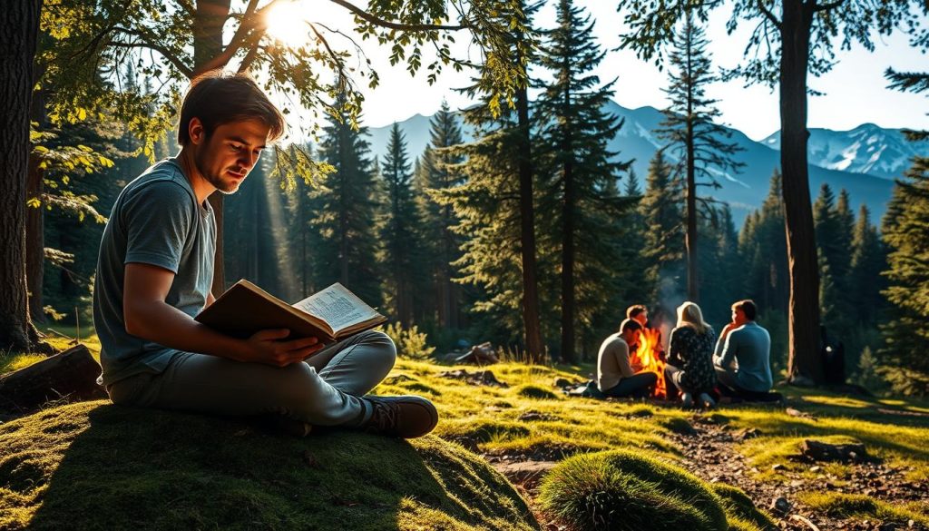A serene forest glade, sunlight filtering through lush canopy, with a person sitting cross-legged on a moss-covered rock, deeply engrossed in a weathered leather-bound book. Their face is illuminated by a soft, warm glow, expression contemplative and tranquil. In the middle ground, a group of people gather around a campfire, animated in conversation, sharing stories and laughter. In the distance, a majestic mountain range rises, its peaks capped with pristine snow. The atmosphere is one of introspection, connection, and personal growth through the timeless power of storytelling.