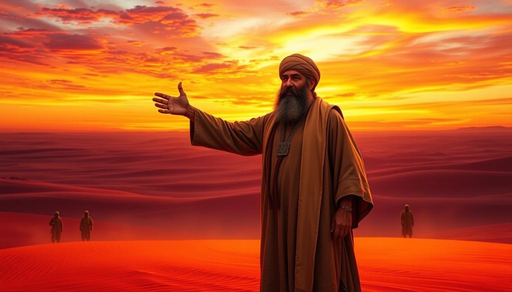 A vast Arabian desert landscape at dusk, the sky aglow with vibrant hues of orange and purple. In the foreground, a towering figure stands resolute - the revered Prophet Hud, clad in traditional Middle Eastern robes and turban. His weathered face exudes a sense of wisdom and prophetic authority, as he gestures with an outstretched hand towards the distant horizon. Surrounding him, ghostly silhouettes of his people, the 'Adites, fade into the shimmering sands, a testament to the cautionary tale of their people's rejection of his divine message. The scene is bathed in a warm, ethereal light, conveying the timeless legacy and enduring significance of the Prophet Hud's story within the Islamic tradition.
