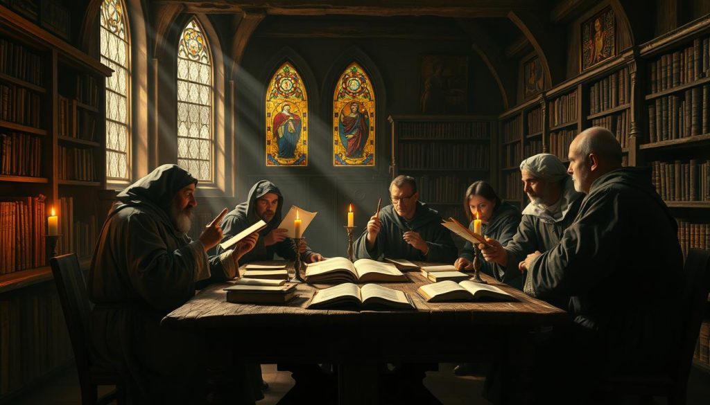 A dimly lit medieval study, bookshelves lining the walls, casting shadows on a worn oak table. Figures in scholarly robes debate animatedly, gesticulating with quills and parchments, expressions intense, lost in theological discourse. Candlelight flickers, illuminating the scene with a warm, contemplative glow. Shafts of light pierce through stained glass windows, creating an atmospheric, reverent ambiance. Volumes of ancient texts and scrolls litter the table, the weight of centuries of philosophical and spiritual inquiry palpable. The mood is one of deep contemplation, as the scholars grapple with the complexities of free will and the nature of the divine.