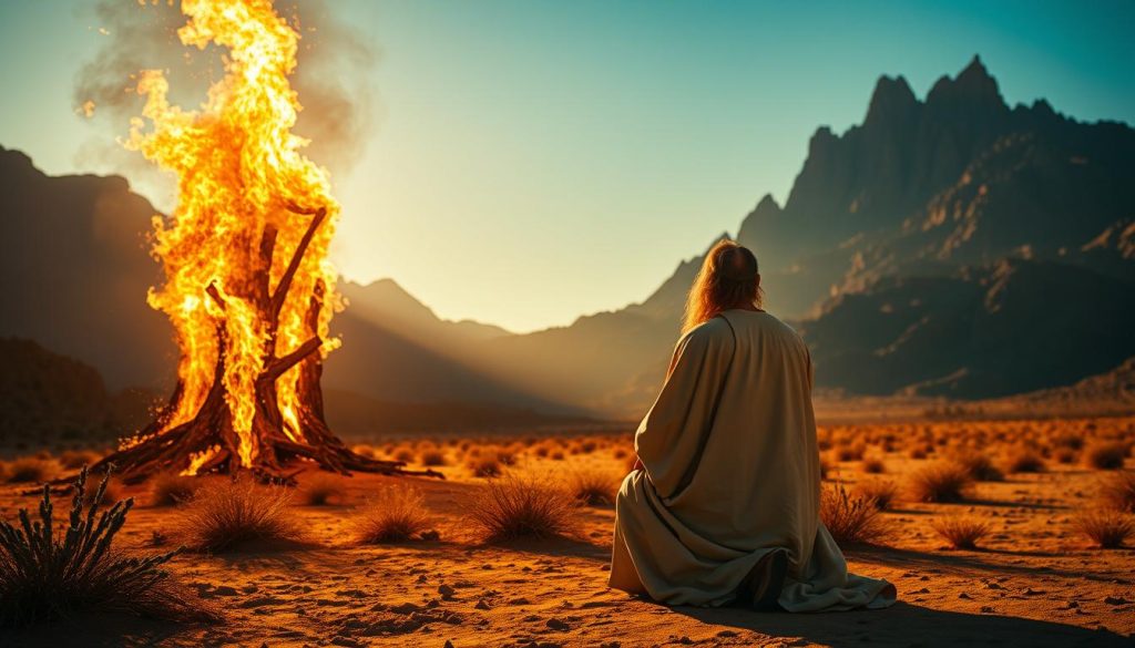 A divine scene unfolds, as Moses stands before the burning bush, his face aglow with holy wonder. The vibrant flames dance and flicker, casting warm light upon the desert landscape. In the foreground, Moses kneels reverently, his robes billowing in the gentle breeze. Towering mountains rise in the distance, their rugged peaks silhouetted against the clear, azure sky. An ethereal, golden glow permeates the atmosphere, imbuing the moment with a sense of sacred significance. The camera angle captures the moment with a cinematic flair, inviting the viewer to bear witness to this pivotal encounter between the prophet and the divine.