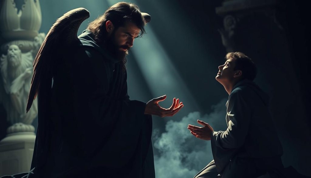 A dramatic religious narrative unfolds, as a fallen angel, clad in dark robes, tempts a devout figure kneeling in prayer. Dramatic chiaroscuro lighting casts intense shadows, heightening the tension. The tempter's gaze is piercing, his outstretched hand offering alluring, forbidden knowledge. The supplicant's face is wracked with inner turmoil, torn between worldly temptation and spiritual devotion. The background is shrouded in an atmospheric, ethereal haze, lending an air of mystery and the supernatural. Captured with a cinematic, painterly aesthetic, this scene powerfully illustrates the eternal struggle between the forces of darkness and light, and man's free will to choose his own path.