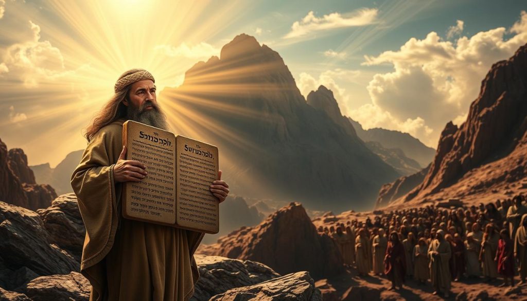 A dramatic scene of Moses, the Israelite prophet, standing on the peak of Mount Sinai, his face aglow with divine presence. In the foreground, Moses holds the stone tablets bearing the Ten Commandments, etched with intricate script. Rays of golden light stream down from the heavens, illuminating the rugged, awe-inspiring landscape. In the middle ground, the Israelites gather at the base of the mountain, awed by the momentous occasion. The background features the imposing, craggy peaks of Mount Sinai, shrouded in wispy clouds, conveying a sense of sacred mystery. The overall atmosphere is one of reverence, solemnity, and the weight of divine law being bestowed upon the people.