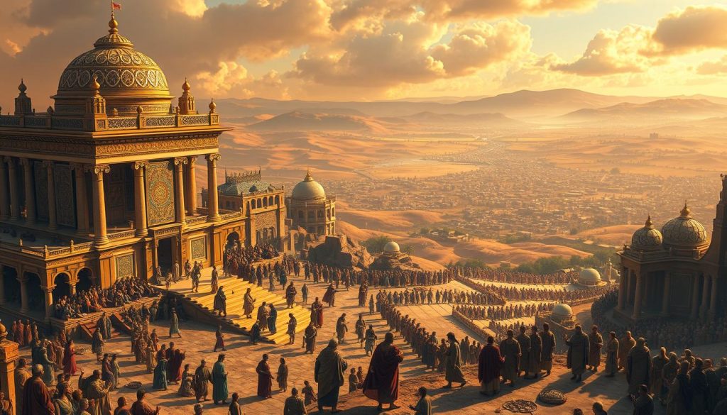 A grand and intricate scene depicting the cultural legacy of the biblical figure David/Dawud. In the foreground, a majestic temple or palace stands, its ornate architecture and rich tapestries reflecting the grandeur of David's kingdom. Surrounding it, a bustling marketplace teems with artisans, merchants, and scholars, showcasing the arts, literature, and scholarship that flourished under his reign. In the middle ground, a group of musicians and poets perform, their instruments and verses echoing the legendary lyrical talents of the warrior-king. In the distance, a panoramic vista of rolling hills and cities stretches, representing the vast reach of David's influence and the enduring impact of his story on the cultural landscape. Warm, golden lighting suffuses the scene, evoking a sense of timeless splendor and reverence.