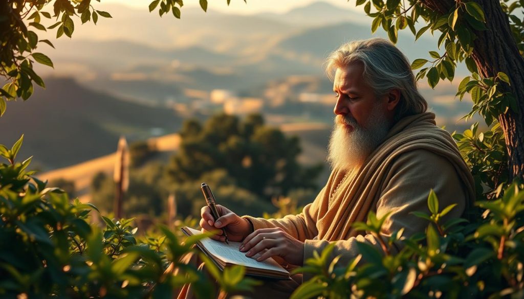 A serene and contemplative scene of the biblical poet David, sitting amidst lush, verdant foliage, pen in hand, deep in the act of composing one of his renowned Psalms. Warm, diffused lighting casts a gentle glow upon his weathered face, eyes closed in introspection. In the background, a majestic landscape of rolling hills and distant mountains, hinting at the grandeur and inspiration of the divine that infuses his poetic works. The composition is balanced, with David occupying the central focus, surrounded by the natural world that so often served as the backdrop for his spiritual meditations. The overall mood is one of reverence, creativity, and a deep connection between the human and the transcendent.